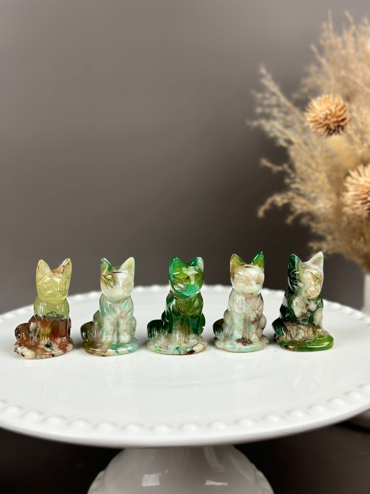 Green Flower Agate Small Crystal Fox Carving