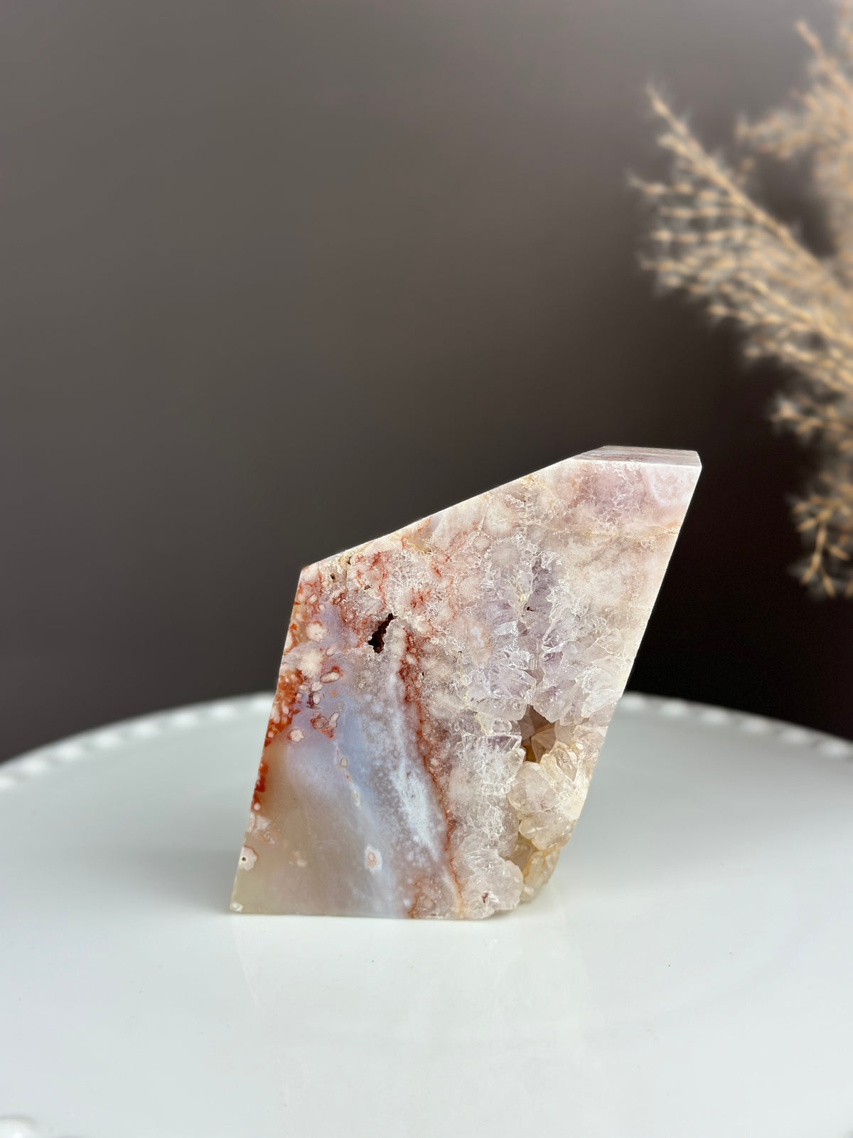 Slab Freeform Quartzy Flower Agate 1” thick with Red Swirls