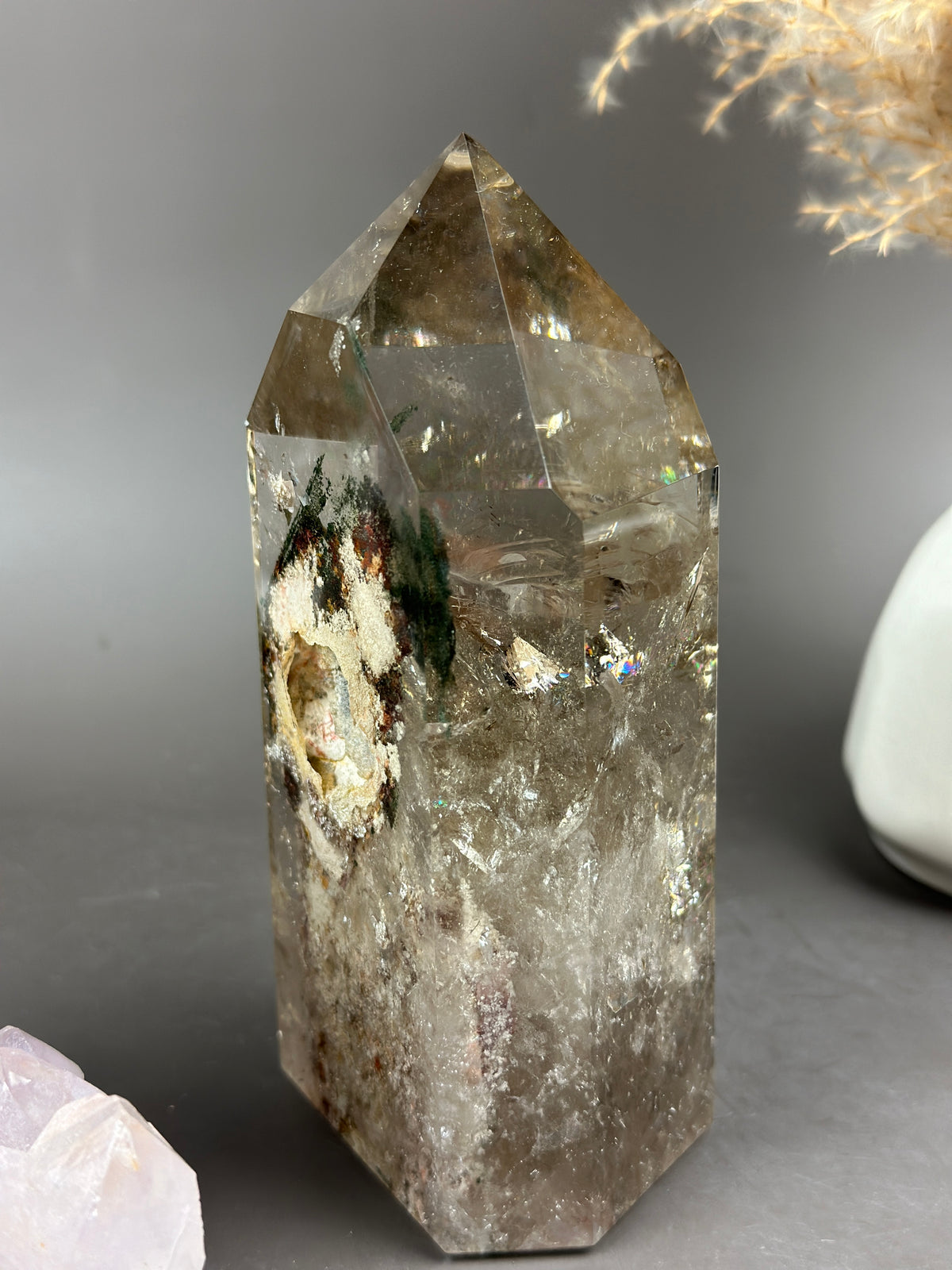 SMOKY LUSH Large Smoky Garden Quartz Tower with Rainbow Inclusions 5.75”