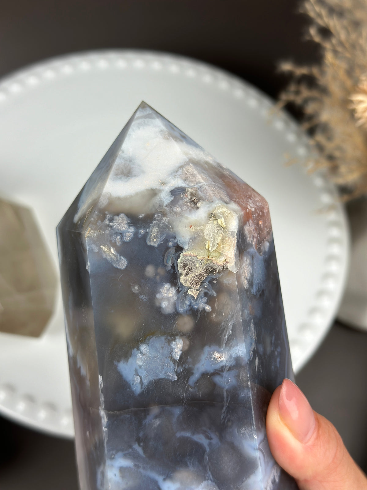 MIDNIGHT WINTER Moody Blues & Quartzy Statement Flower Agate 8” Tower