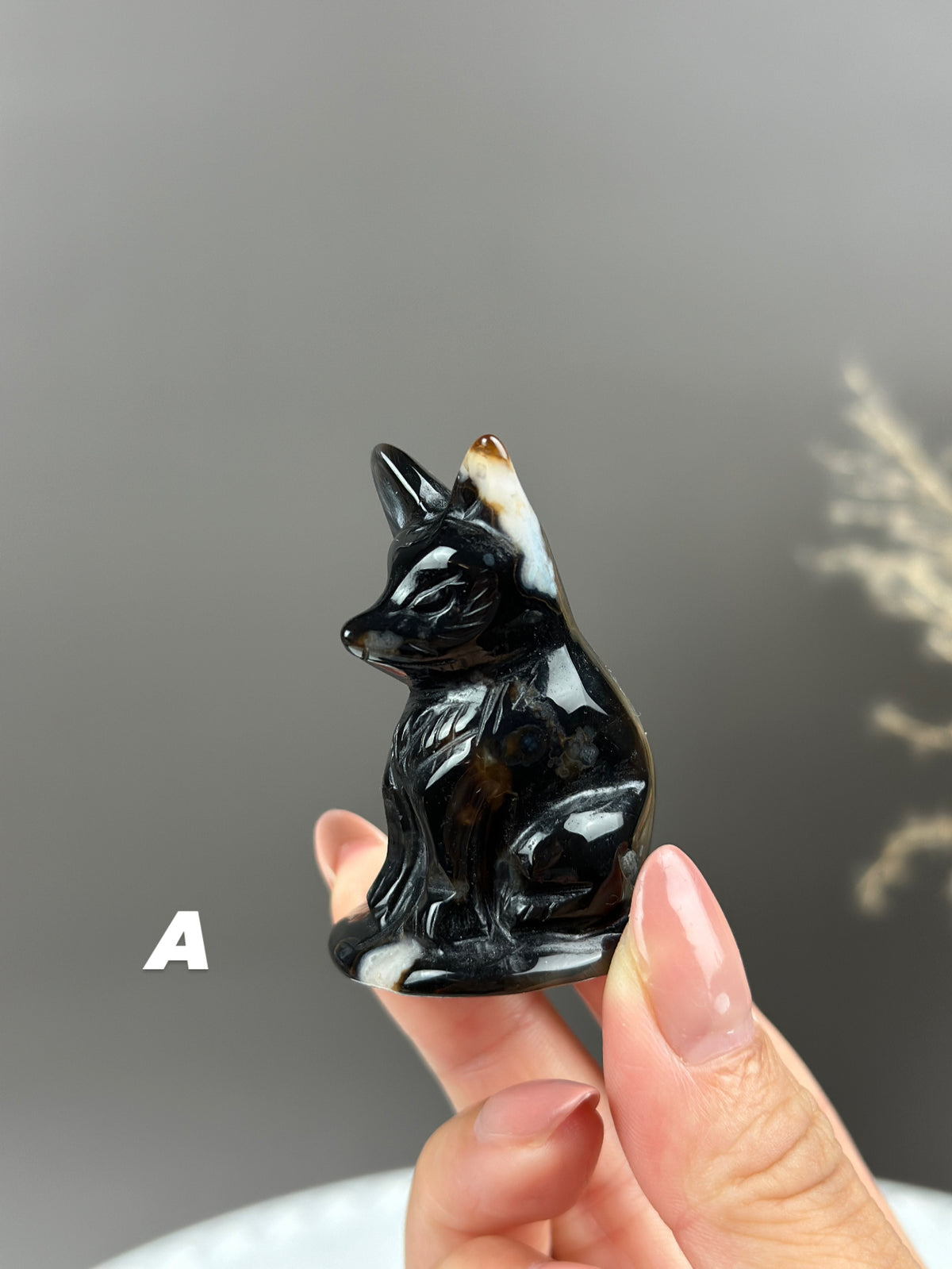 Black Flower Agate Small Crystal Fox Carvings