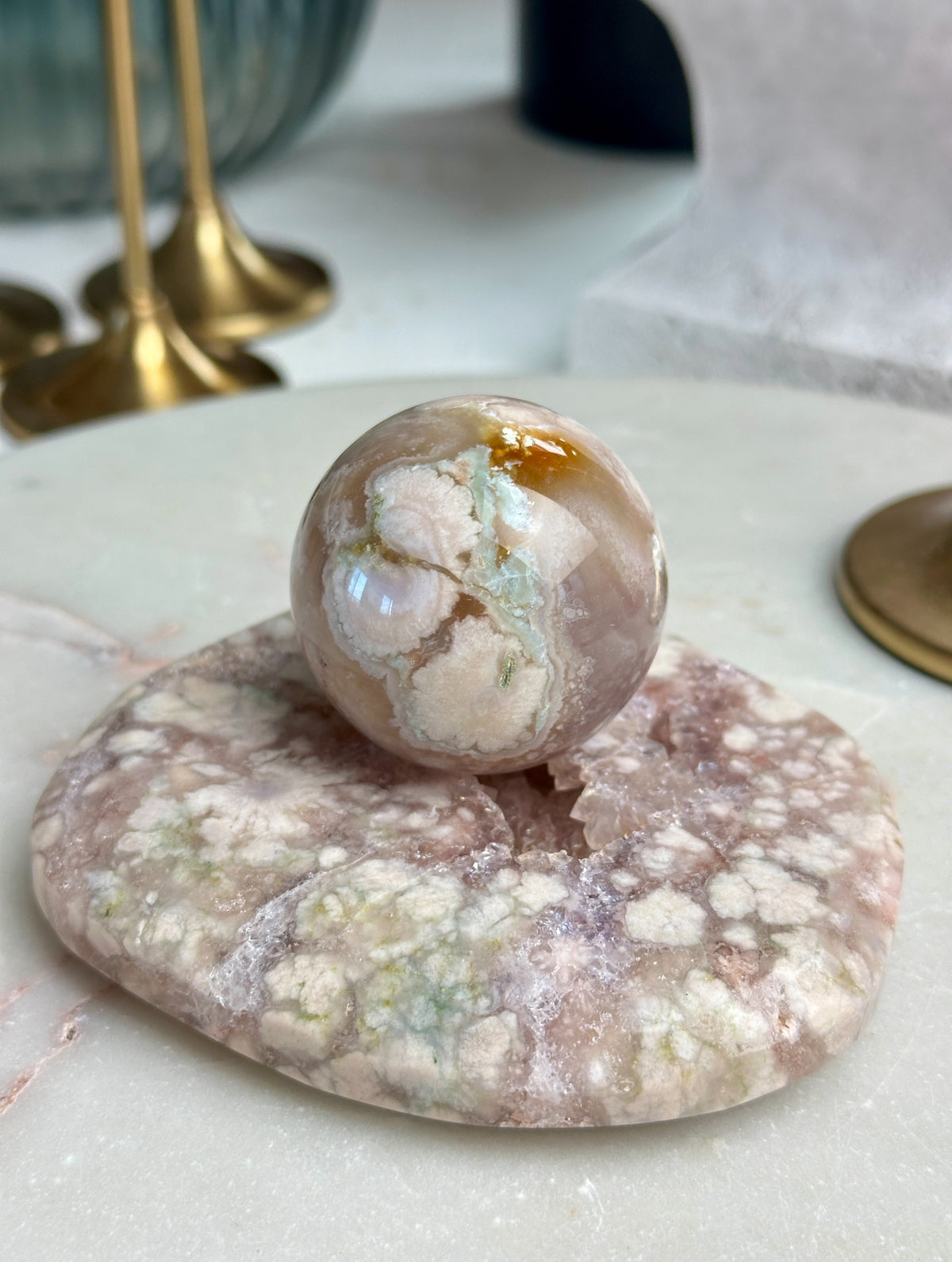 Almond Gray Green Flower Agate Sphere