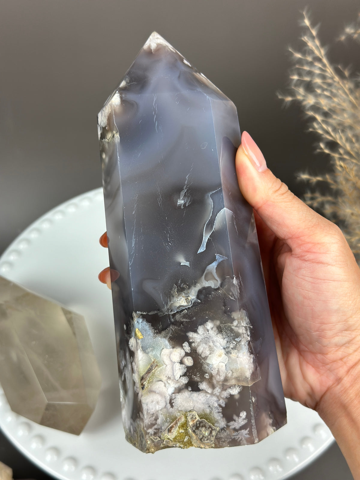 ELVIS 7” Statement Moody Blue Flower Agate tower with Black Swirls & Banding