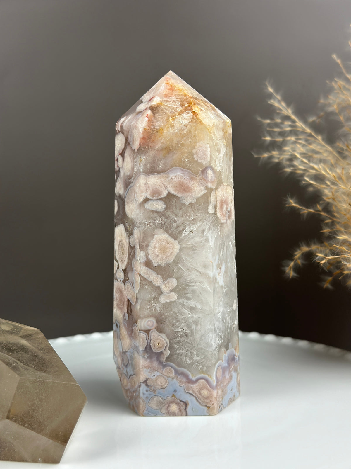 LULLABY Quartzy Milky Baby Blue Flower Agate 6” Tower