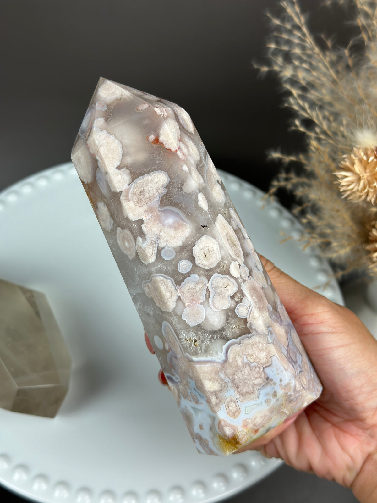 LULLABY Quartzy Milky Baby Blue Flower Agate 6” Tower