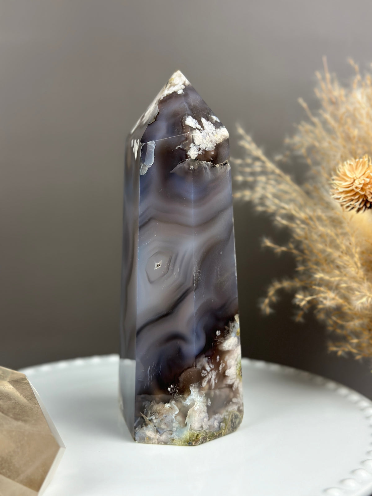 ELVIS 7” Statement Moody Blue Flower Agate tower with Black Swirls & Banding