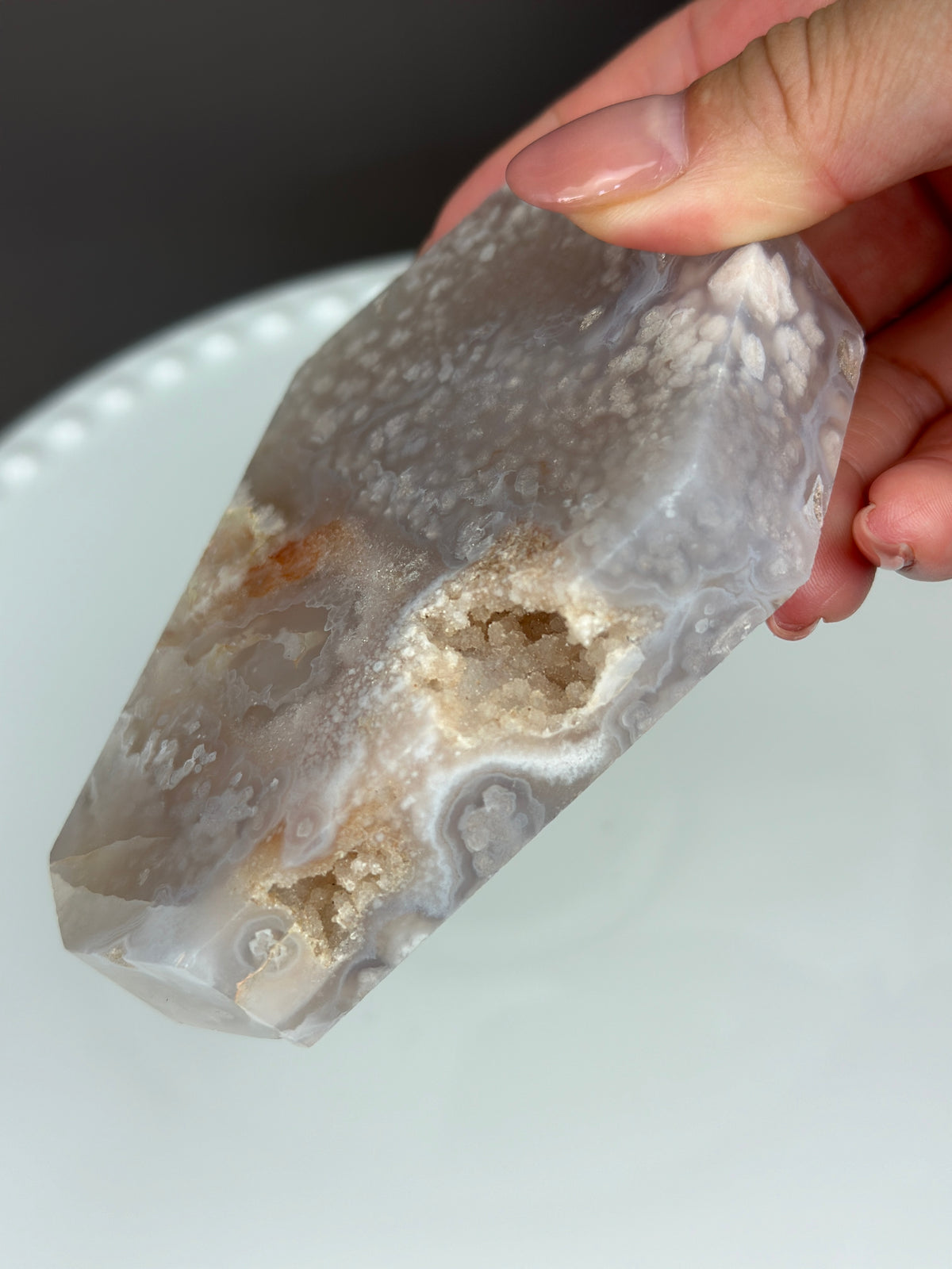 Slab Freeform Pale Grey Blue Flower Agate with druzy pockets