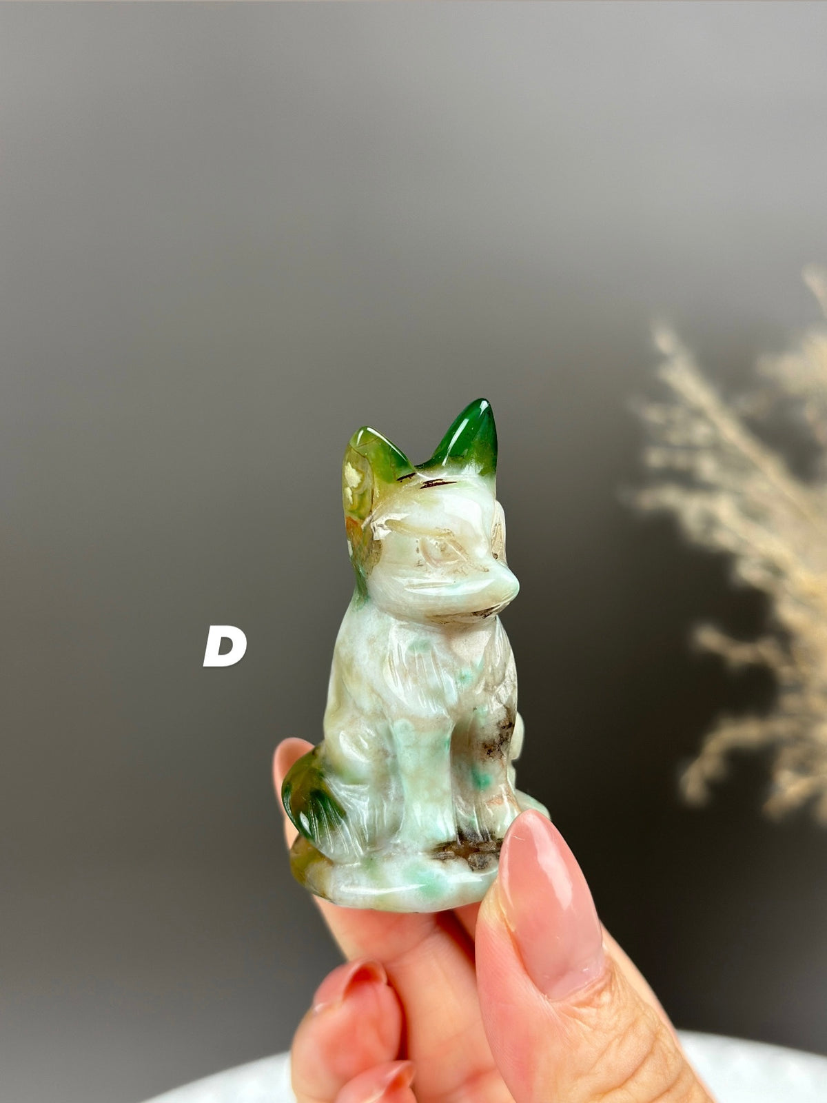 Green Flower Agate Small Crystal Fox Carving
