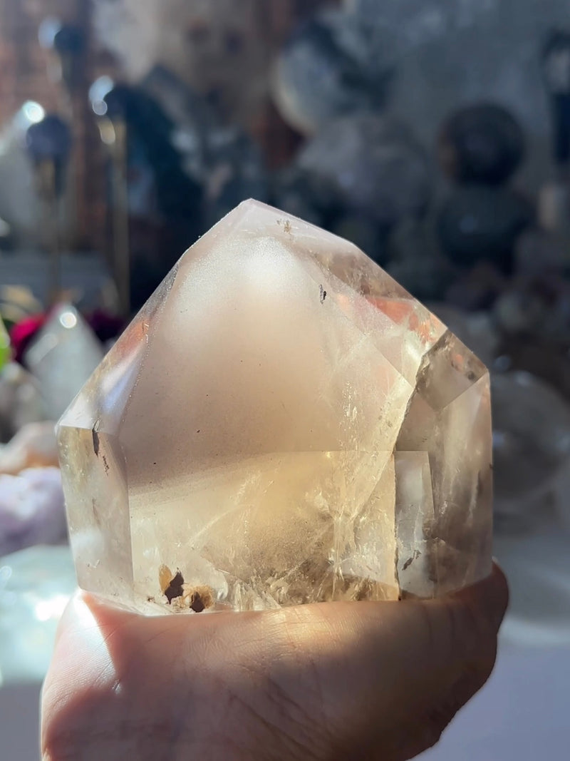 Pink Lithium Citrine Garden Statement Tower with rutile, phantoms and rainbows (Pink Universe)