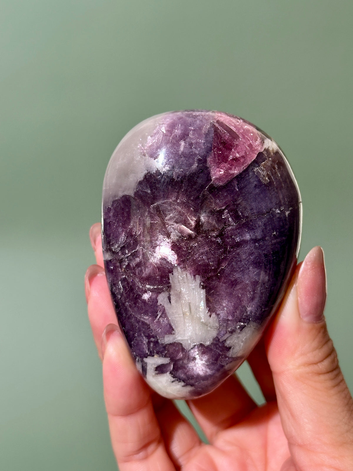 Pearly Lepidolite with Pink Tourmaline, Smoky Quartz & Cleavelandite Large Palm Stone — Russia | 6.5 oz
