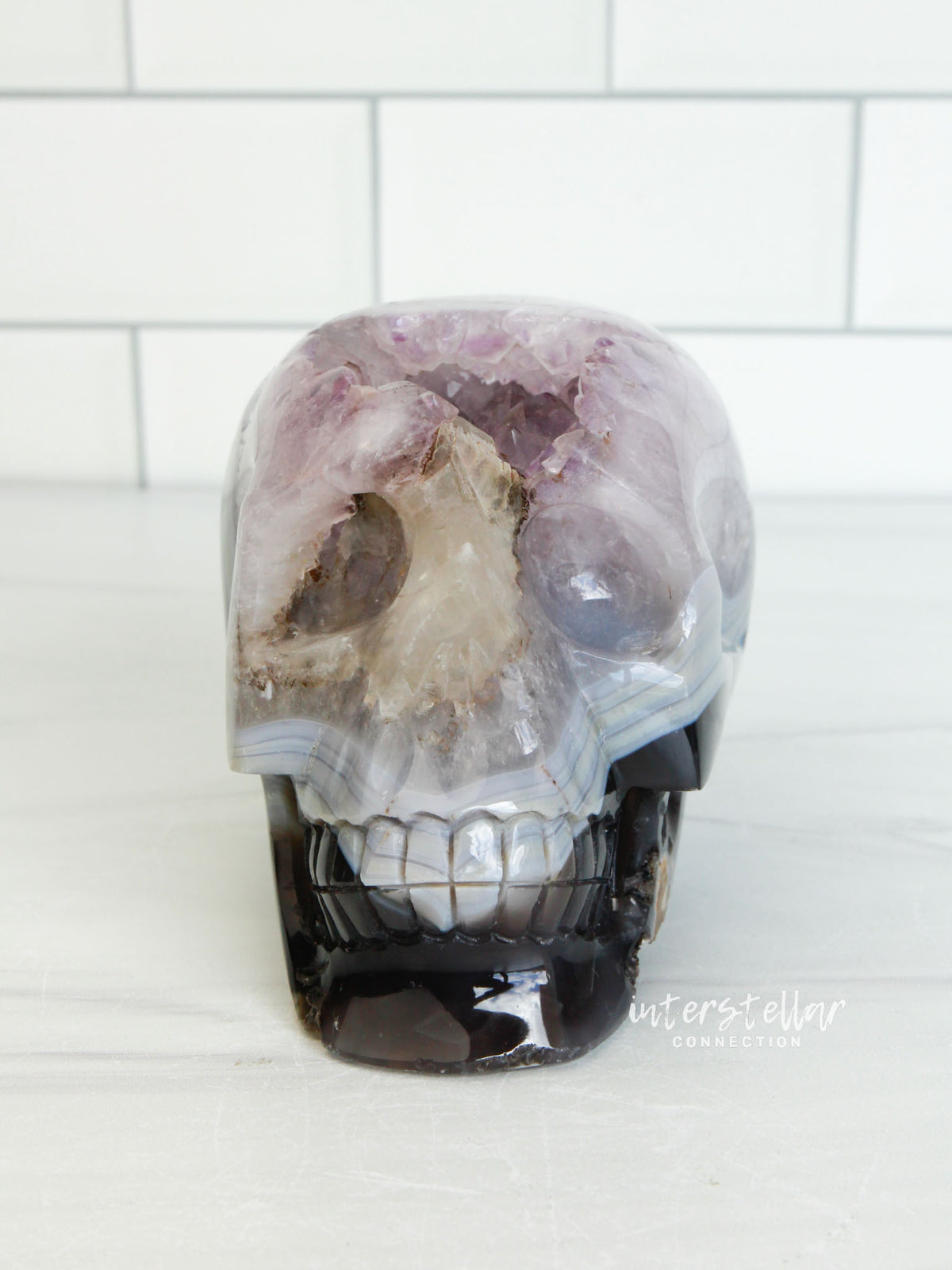 Banded Agate Amethyst 3.75" Geode SKULL Carving #S9