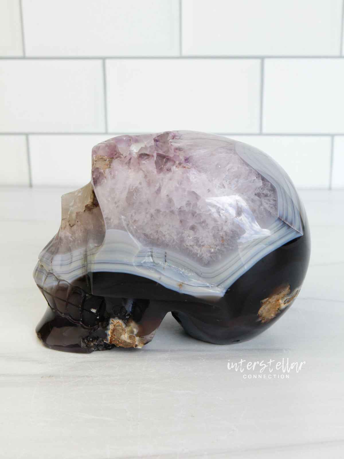 Banded Agate Amethyst 3.75" Geode SKULL Carving #S9