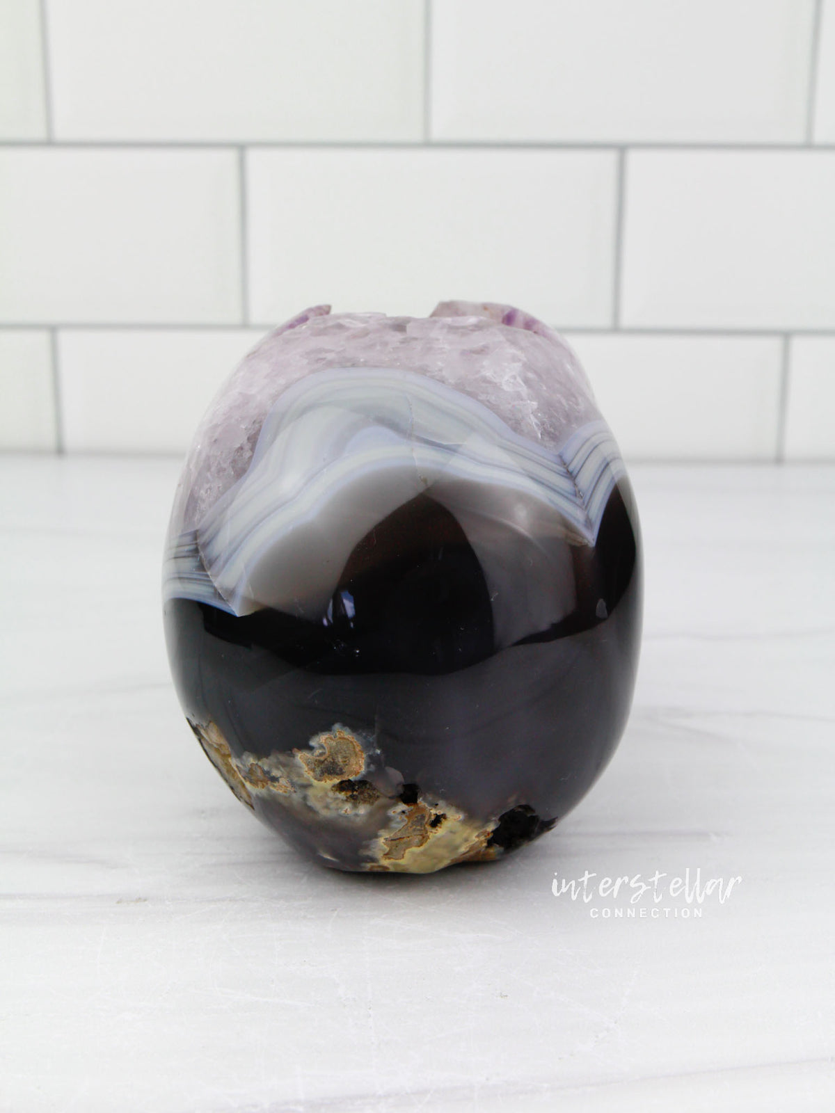 Banded Agate Amethyst 3.75" Geode SKULL Carving #S9