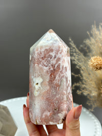 CANDYLAND Pink Red Swirly Quartzy Flower Agate Pink Amethyst 5” Tower