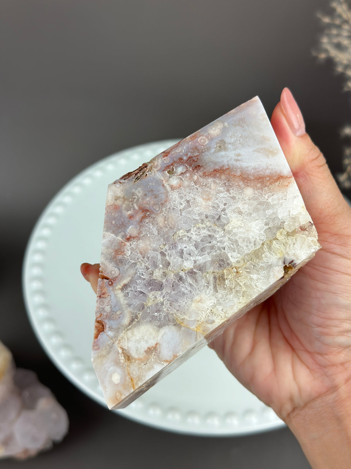 Slab Freeform Quartzy Flower Agate 1” thick with Red Swirls