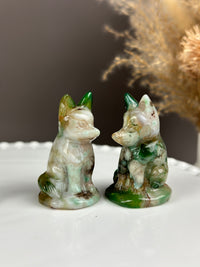Green Flower Agate Small Crystal Fox Carving
