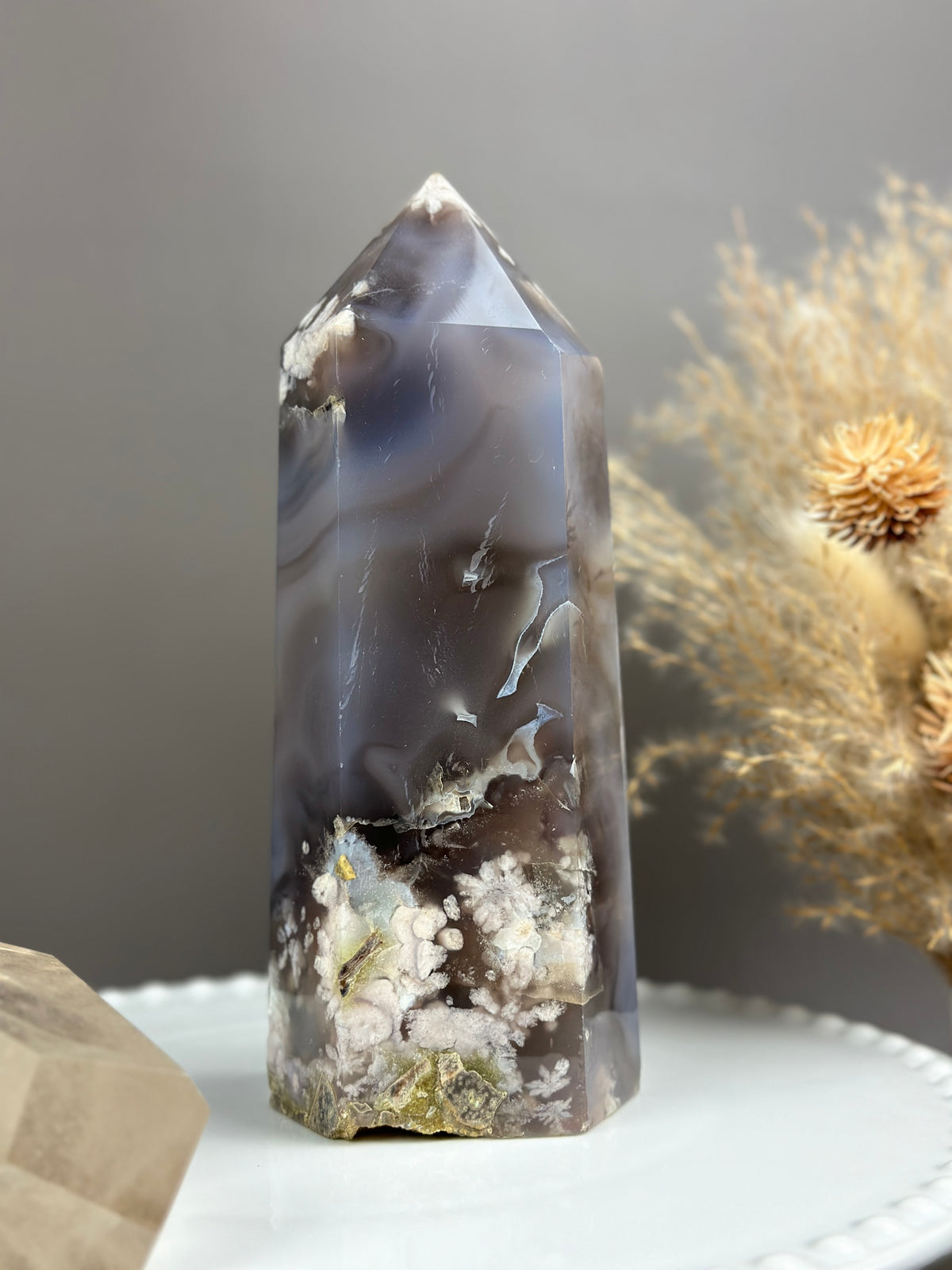 ELVIS 7” Statement Moody Blue Flower Agate tower with Black Swirls & Banding