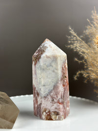 CANDYLAND Pink Red Swirly Quartzy Flower Agate Pink Amethyst 5” Tower