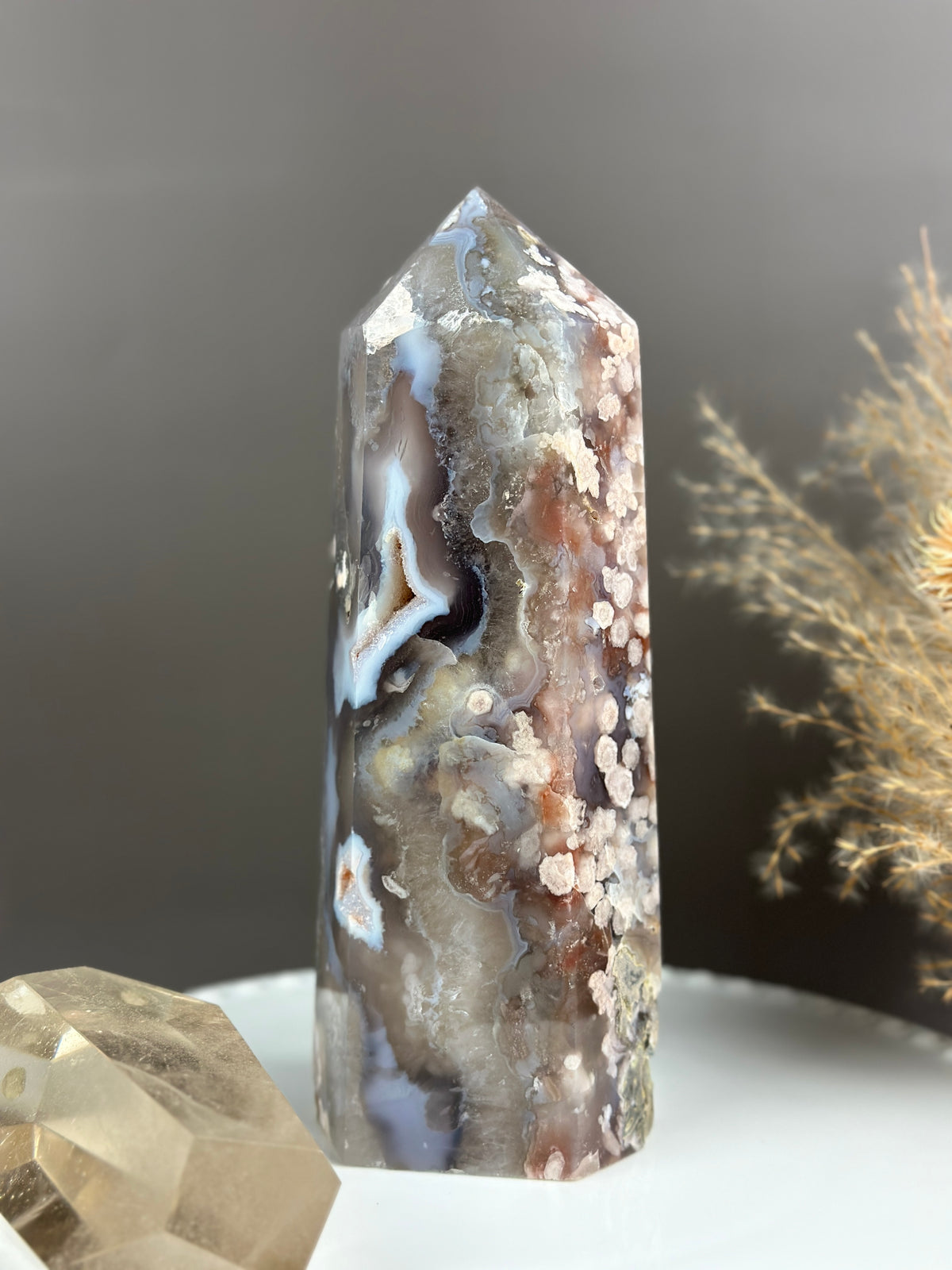 TIGER LILY Statement Flower Agate 7.75” Tower w/ Blue Rivers and Raining Flowers