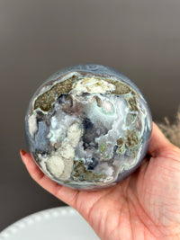 BLUE LAGOON Statement Blue Banded Flower Agate with Green Quartz Sphere 3.6” // 90mm