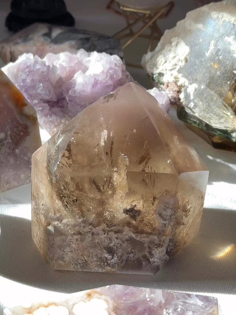 Pink Lithium Citrine Garden Statement Tower with rutile, phantoms and rainbows (Pink Universe)