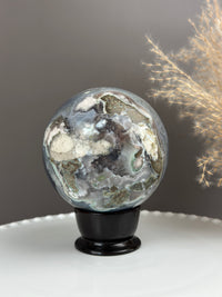 BLUE LAGOON Statement Blue Banded Flower Agate with Green Quartz Sphere 3.6” // 90mm