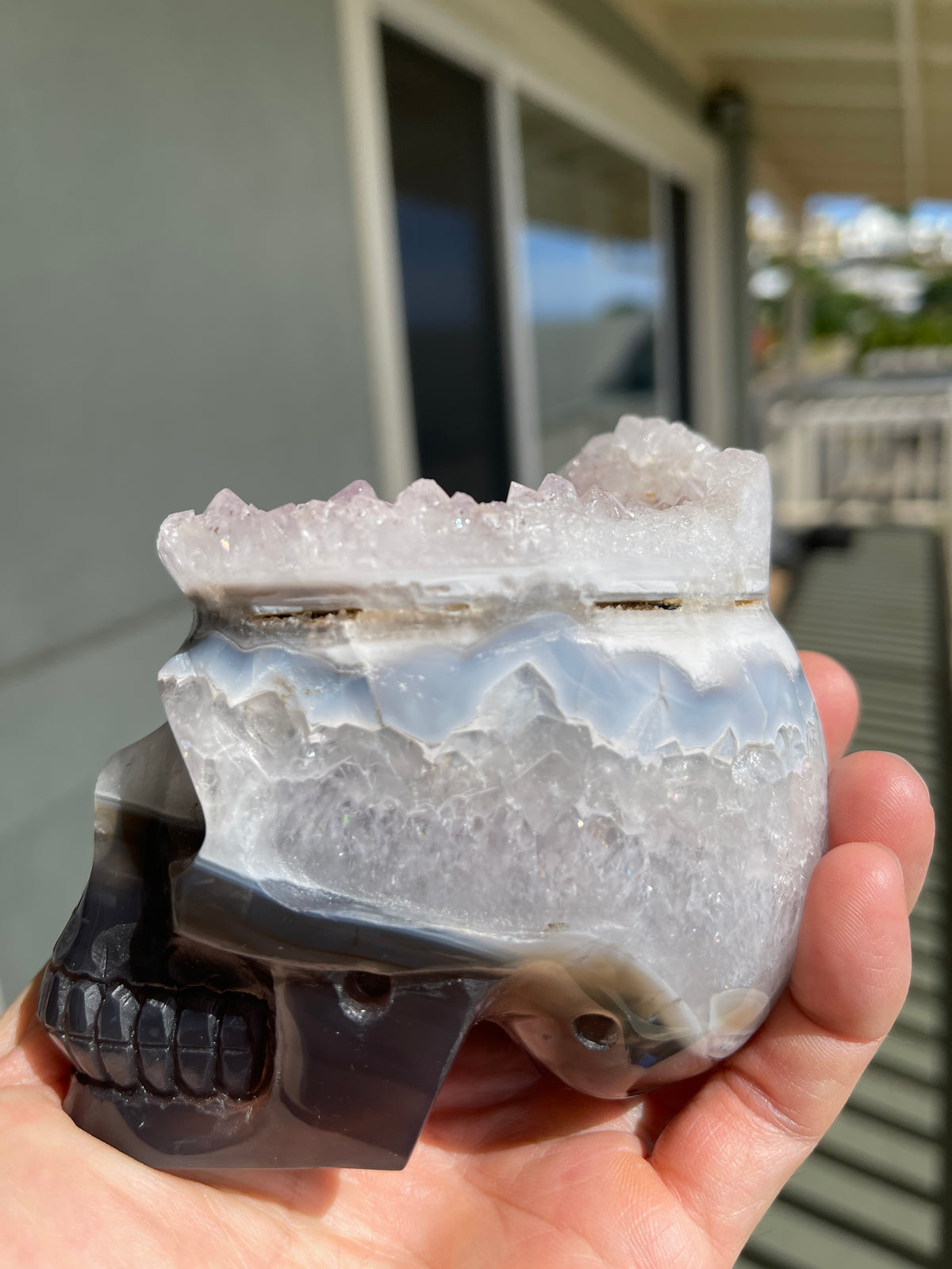 Agate Amethyst Geode 3.5" Hand Carved Skull #S7