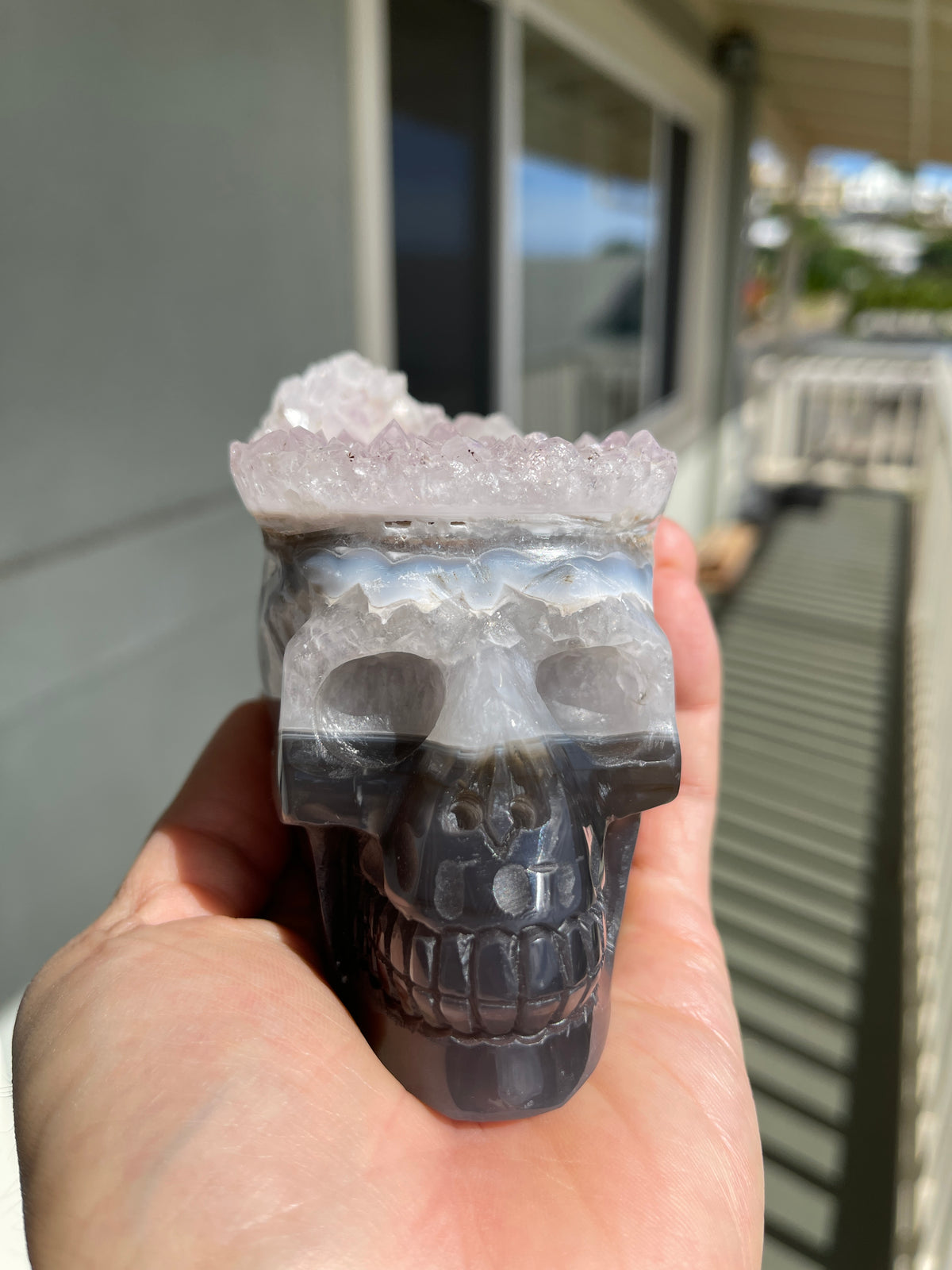 Agate Amethyst Geode 3.5" Hand Carved Skull #S7