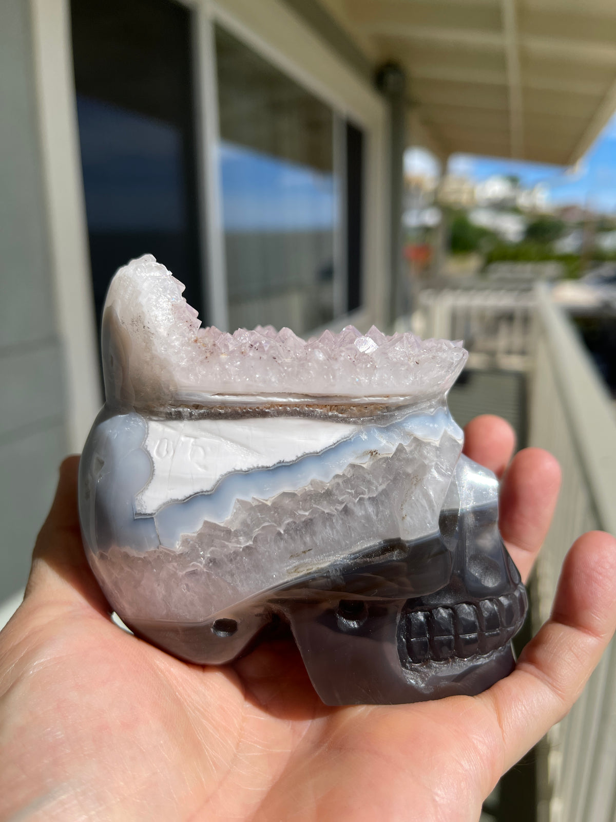 Agate Amethyst Geode 3.5" Hand Carved Skull #S7