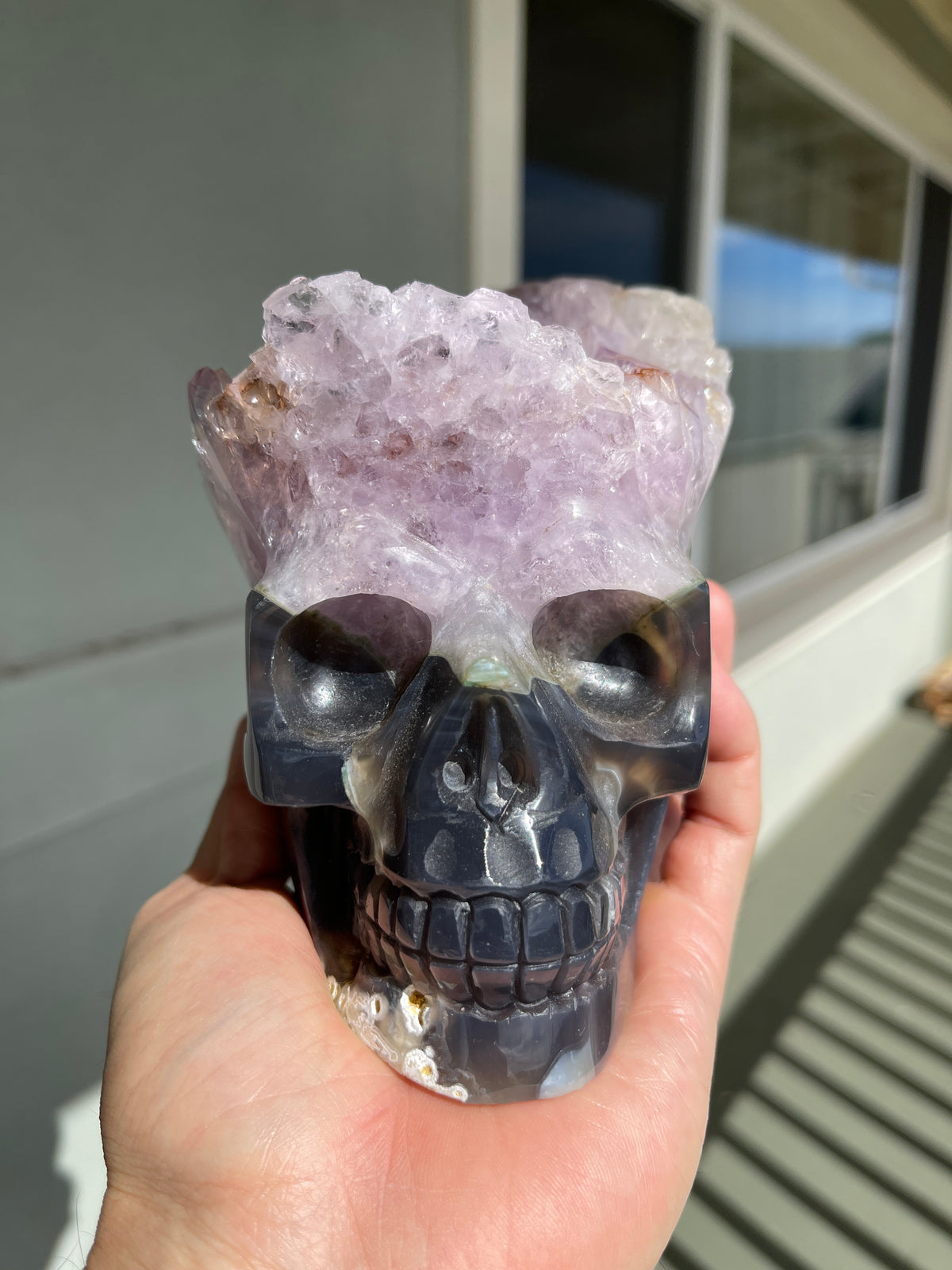 Agate Amethyst Geode 4.5" Hand Carved Skull #S10