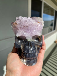 Agate Amethyst Geode 4.5" Hand Carved Skull #S10