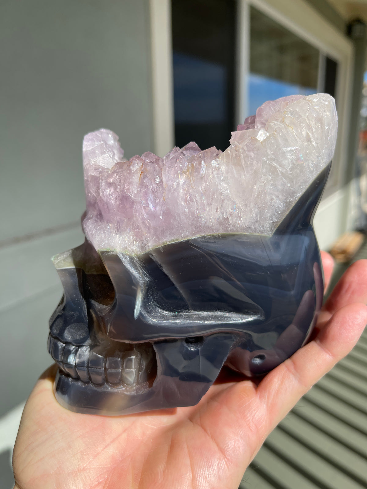 Agate Amethyst Geode 4.5" Hand Carved Skull #S10