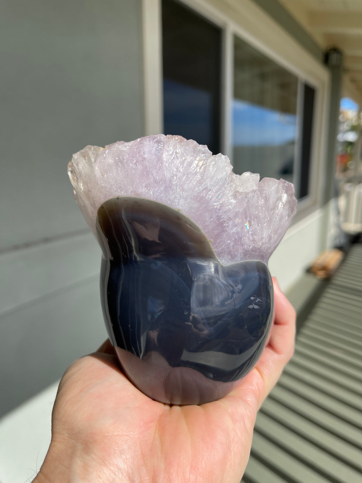 Agate Amethyst Geode 4.5" Hand Carved Skull #S10