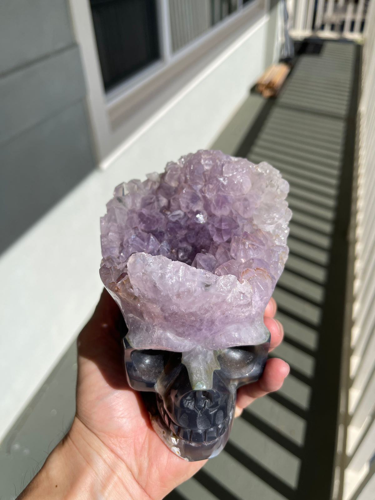 Agate Amethyst Geode 4.5" Hand Carved Skull #S10