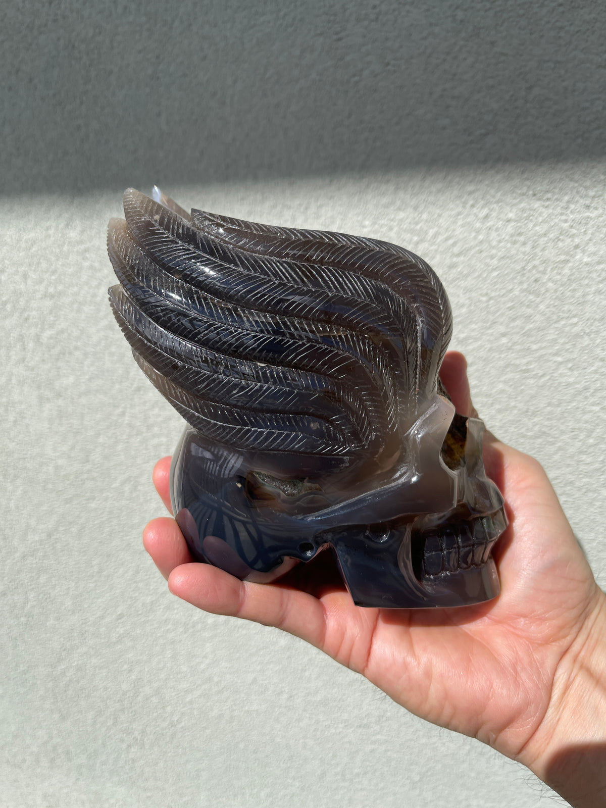 Agate Geode Cave Hand-Carved 5.25" WINGED SKULL #S13