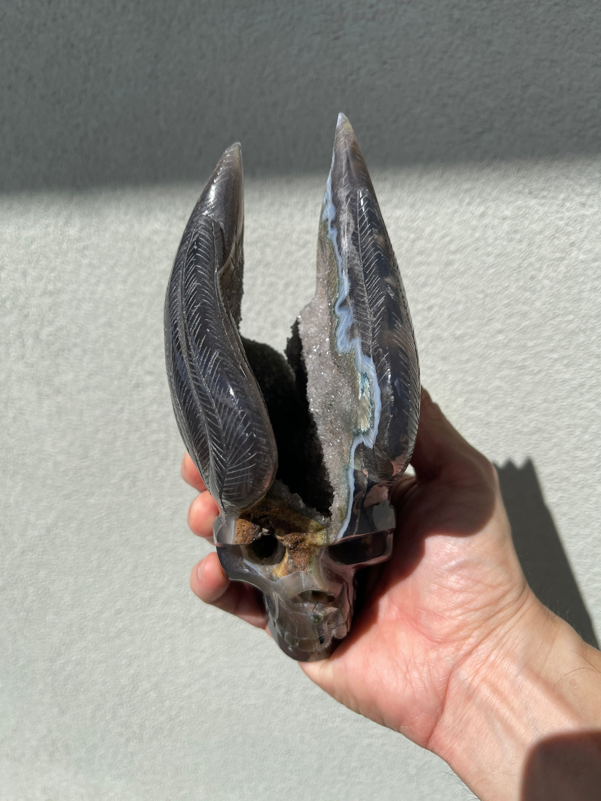 Agate Geode Cave Hand-Carved 5.25" WINGED SKULL #S13