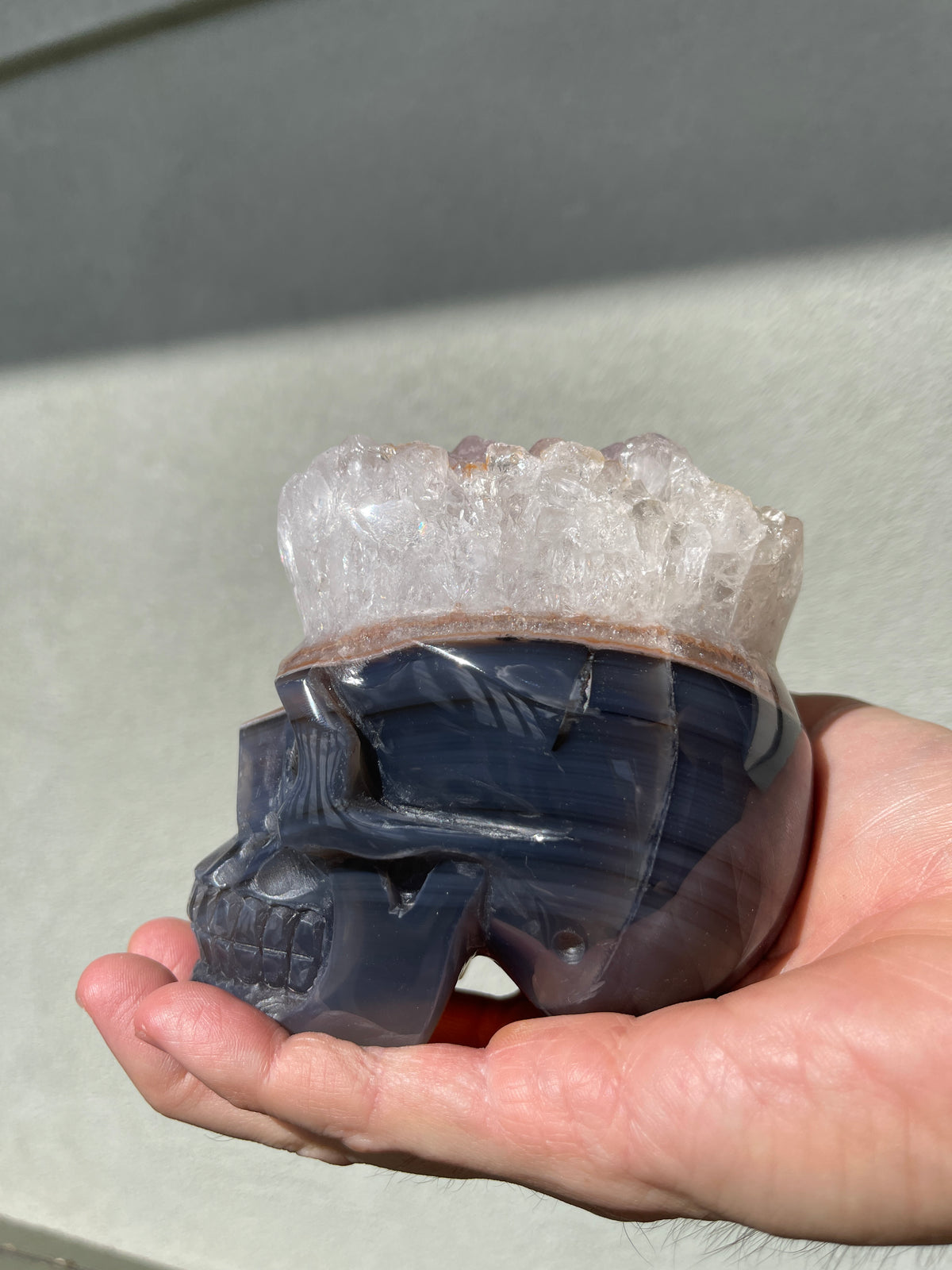 Agate Quartz Geode 4" Hand-carved Skull #S2