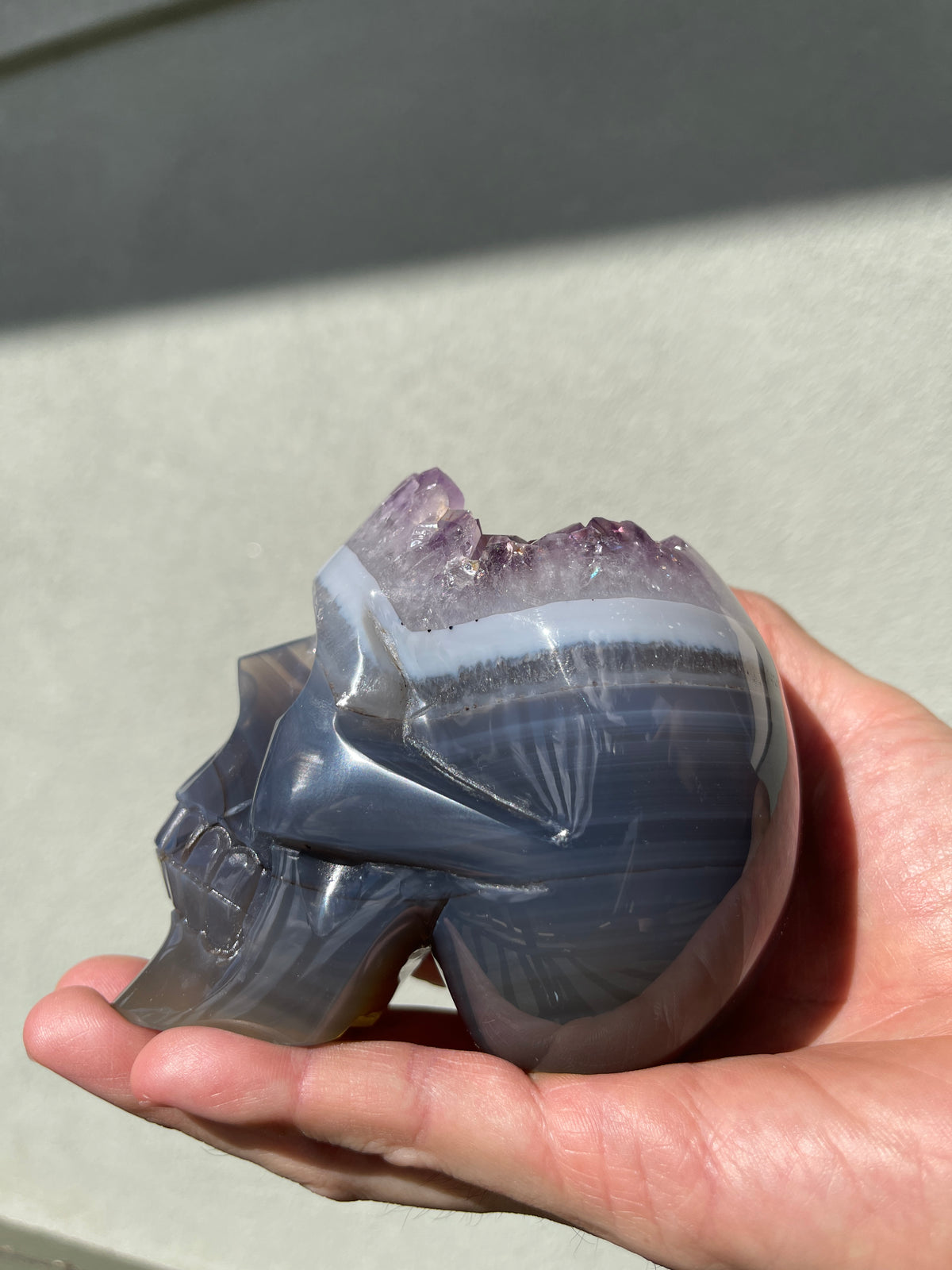 Agate Amethyst Geode 3.75" Hand-carved Skull #S3