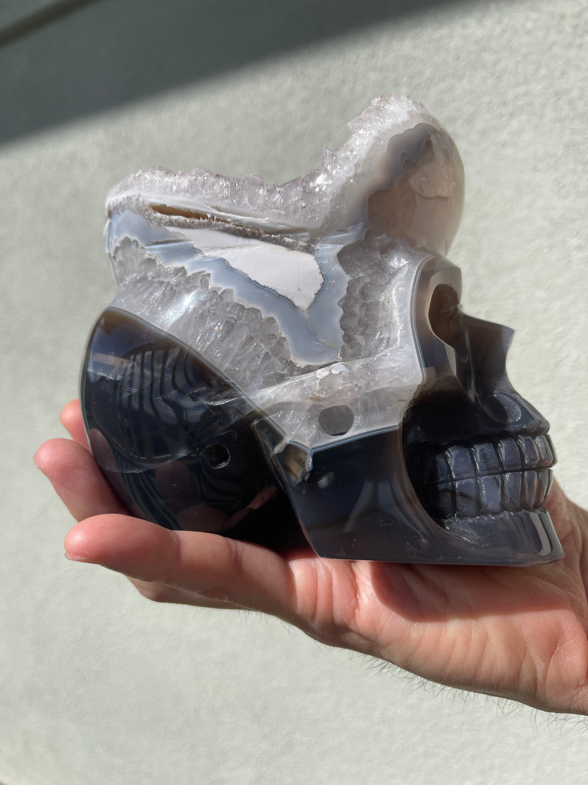 Agate Quartz Geode 4.75" Hand-Carved Skull #S4
