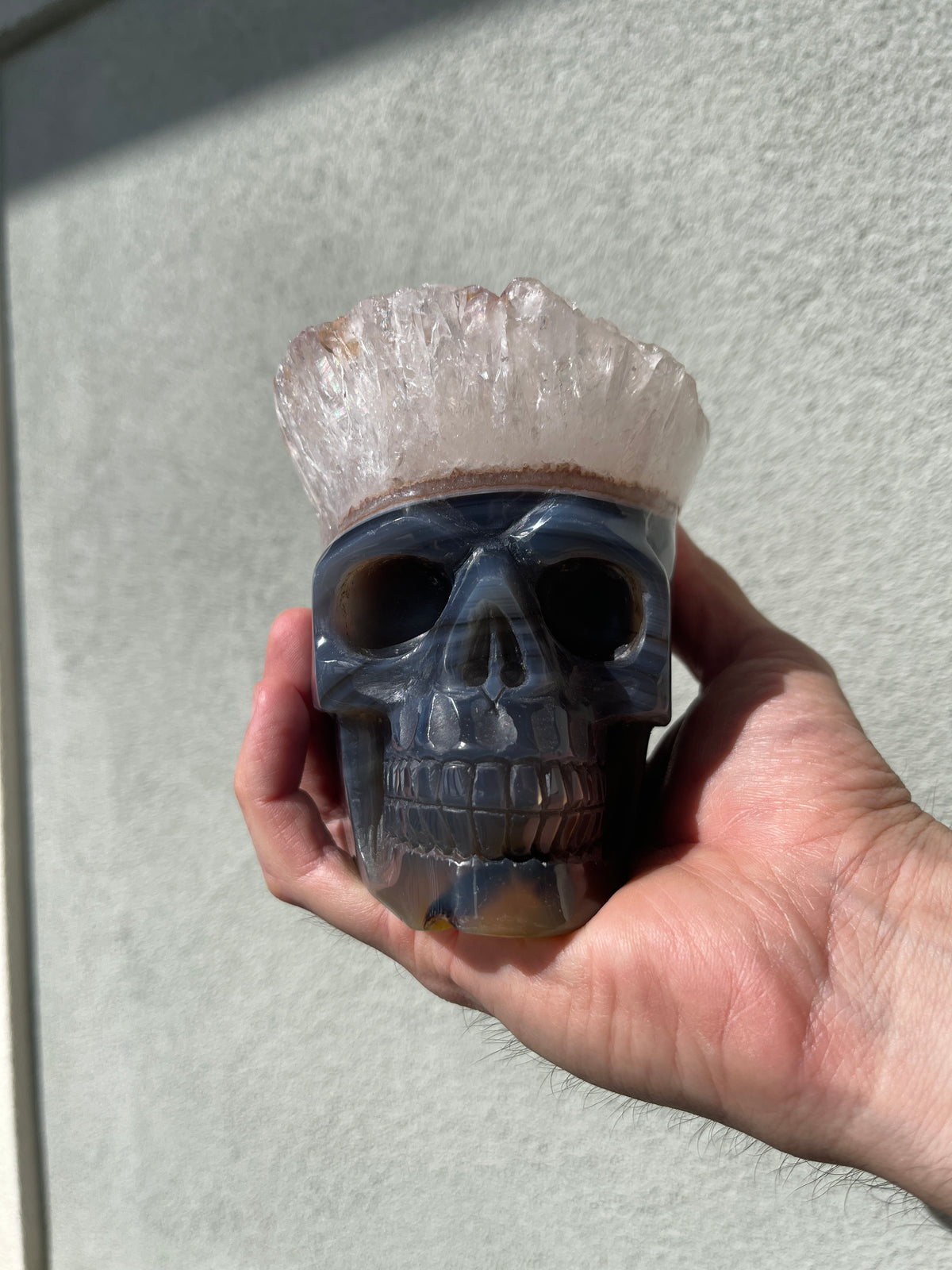 Agate Quartz Geode 4.5" Hand-Carved Skull #S5