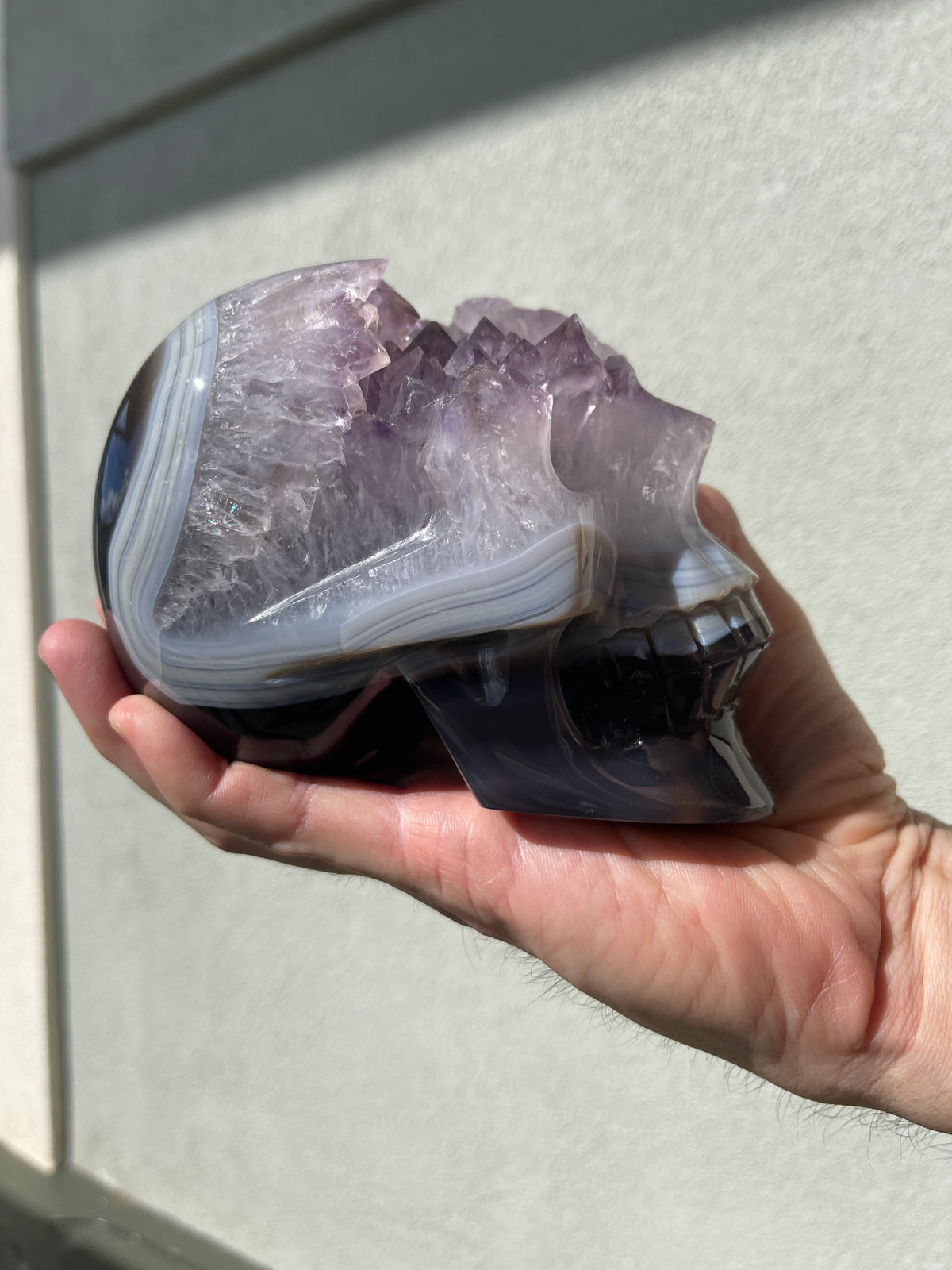 Agate Amethyst Geode 3.75" Hand-Carved Skull #S6