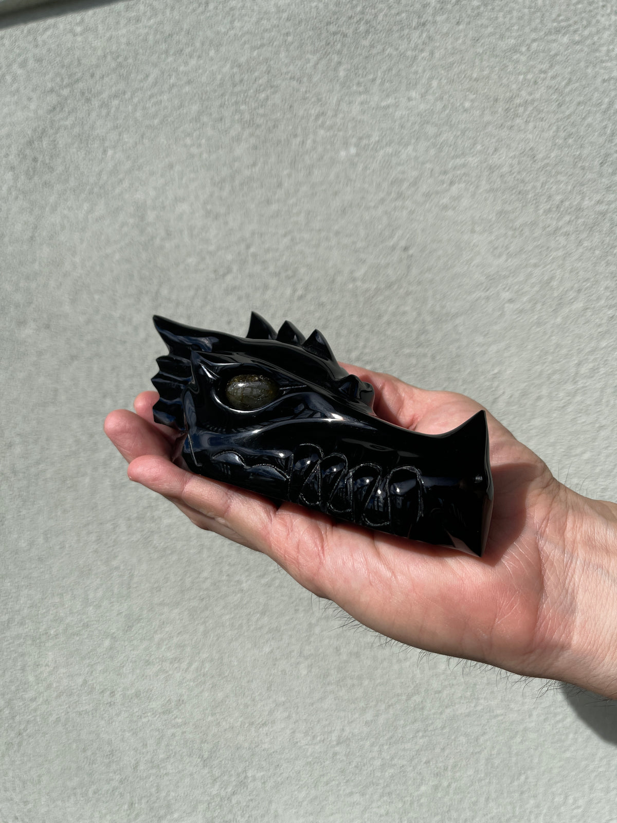 Black Obsidian Dragon skull head with Labradorite eyes #D11
