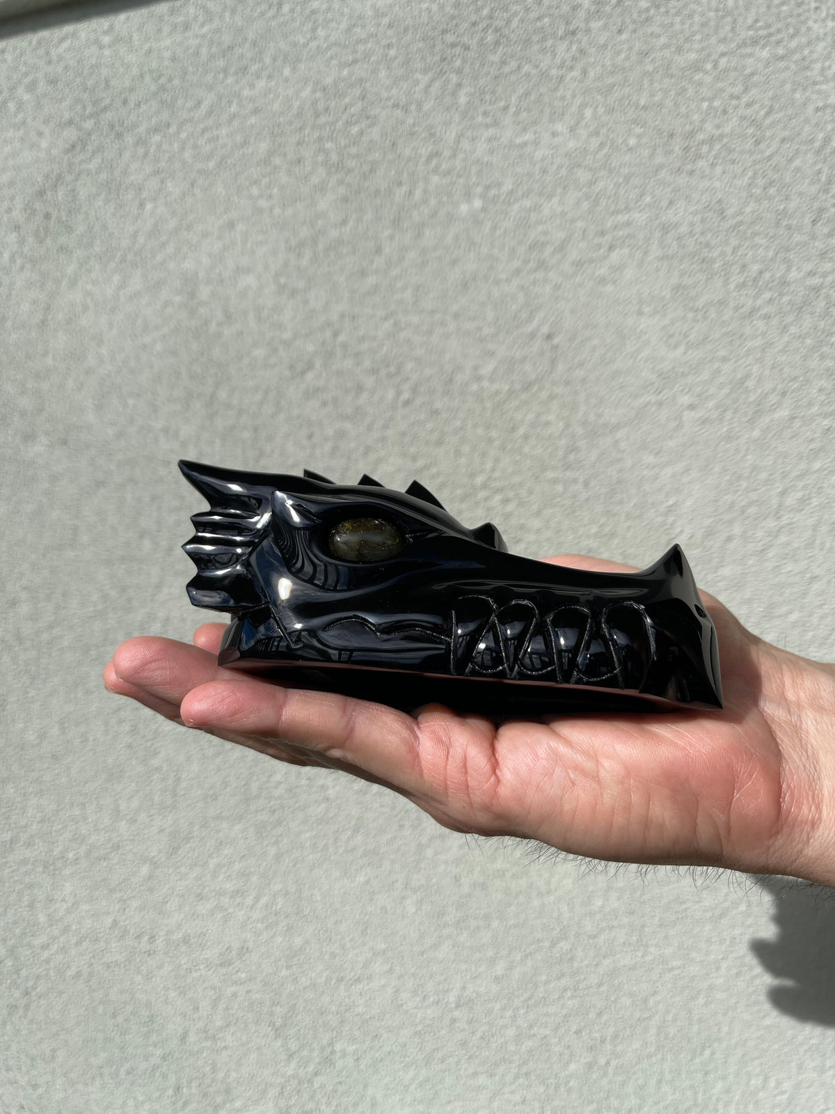 Black Obsidian Dragon skull head with Labradorite eyes #D11
