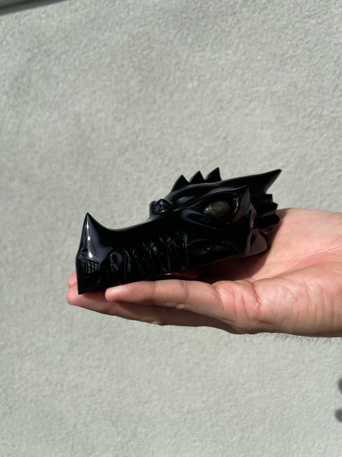 Black Obsidian Dragon skull head with Labradorite eyes #D11