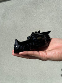 Black Obsidian Dragon skull head with Labradorite eyes #D11