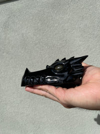 Black Obsidian Dragon skull head with Labradorite eyes #D11