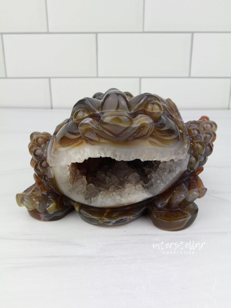 Three-Legged Geode Agate Prosperity Feng Shui Money TOAD Carving - CC