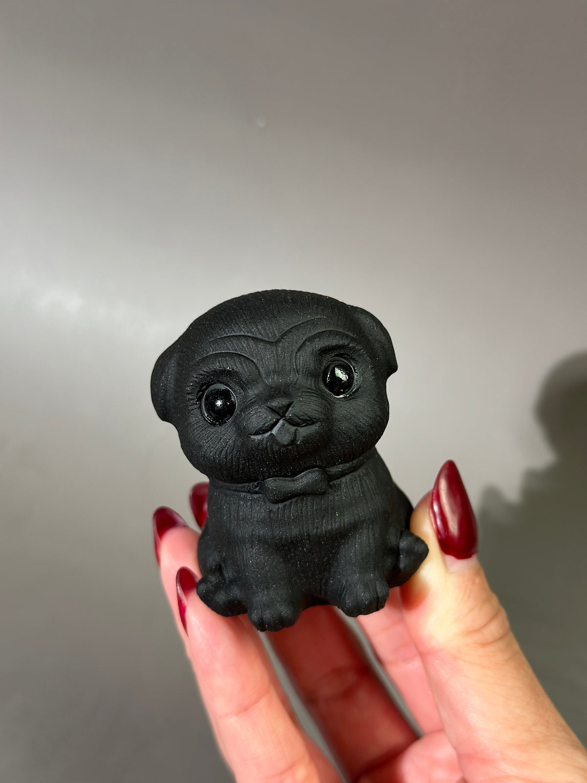Black Obsidian Pug Carving with Bow Tie | 2” Hand-Carved Crystal Dog Figurine | Protective Stone, Animal Lover Gift, Cute Crystal Decor