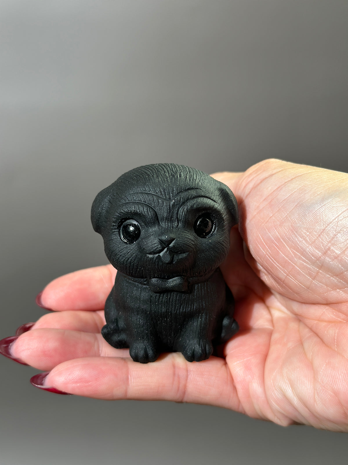 Black Obsidian Pug Carving with Bow Tie | 2” Hand-Carved Crystal Dog Figurine | Protective Stone, Animal Lover Gift, Cute Crystal Decor
