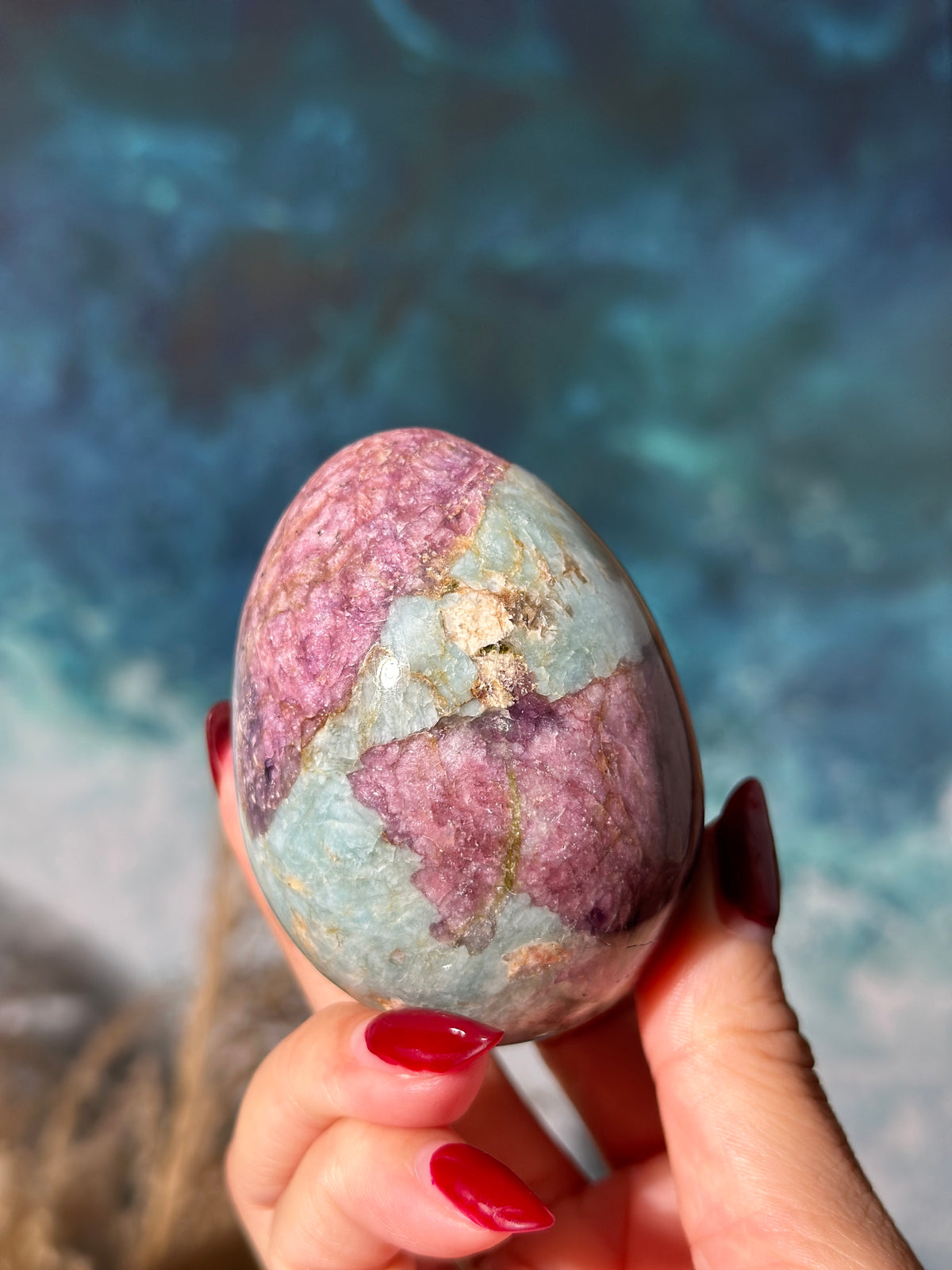 Pink Tourmaline x Lepidolite Egg with Blue Cleavelandite